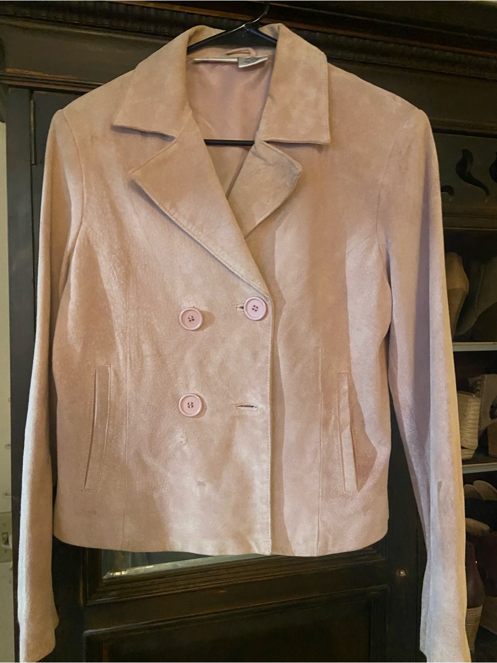 Women's Double-Breasted Suede Blazer in Blush Pink